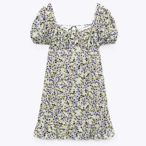 Zara Yellow + Green + Purple + Blue Floral Mini Dress with Lace-Up Back